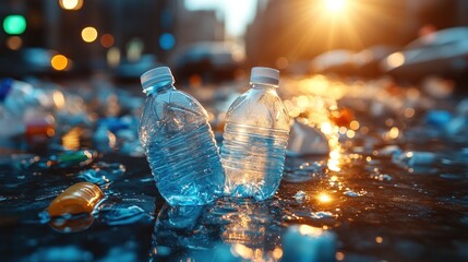 Two plastic water bottles stand out amidst litter on a city street at sunset
