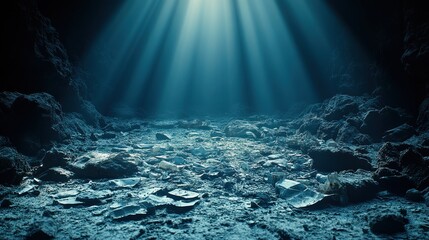 Obraz premium Sunlight pierces through water, illuminating shards of glass resting on a rocky cave floor