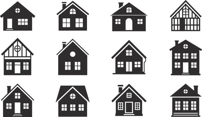 Black house icon vector set, residential home silhouette collection, modern and traditional architecture, real estate symbol, minimal building design