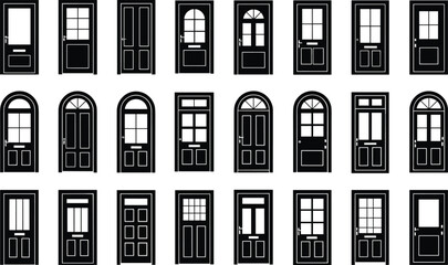 Classic black door vector collection, vintage and modern front door silhouettes, detailed architecture element set for design, home, building, entrance