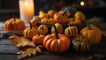 Cozy Autumn Still Life: Miniature Pumpkins, Warm Candlelight, and Fallen Leaves on Rustic Wood
