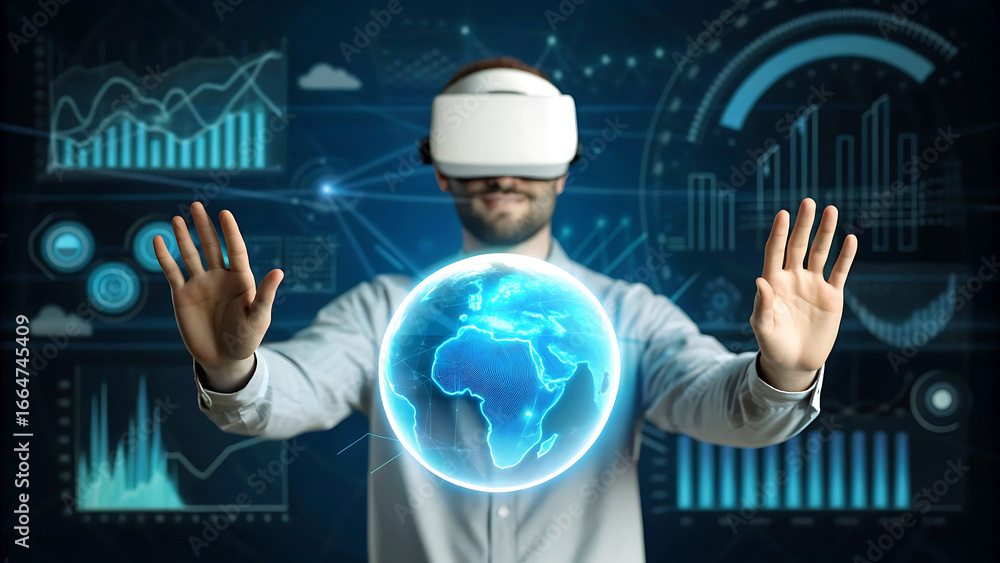 Aufkleber man experiencing virtual reality with global digital interface using vr headset in futuristic tech e