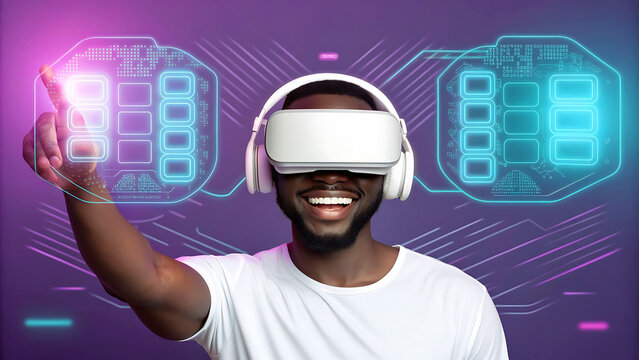 Man Exploring Virtual Reality with Headset and Interacting with Futuristic Interface African American man smiles while experiencing augmented reality technology for immersive digital experience - Powered by Adobe