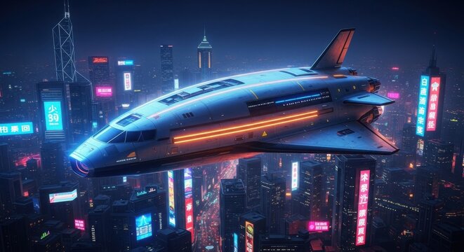 Futuristic Passenger Spacecraft Flying Over City Skyline at Night