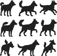 Black dog silhouette set in various poses, standing, walking, running, jumping, isolated vector icons for pet, animal, design, and decoration use