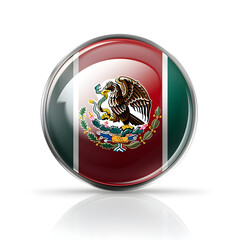 Ultra detailed product style photo of Mexico flag pin icon, glossy round badge with metallic rim, subtle reflection, clean vector like render, transparent background, balanced light, plain studio back