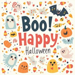 Halloween Post Card with Spooky Ghosts and Text ”Boo Happy Halloween” Poster. Halloween Greeting Card with Cute Ghosts and Copy, Text. Halloween Party Invitation Card with Copy, Text.