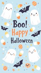 Halloween Post Card with Spooky Ghosts and Text &rdquo;Boo Happy Halloween&rdquo; Poster. Halloween Greeting Card with Cute Ghosts and Copy, Text. Halloween Party Invitation Card with Copy, Text.