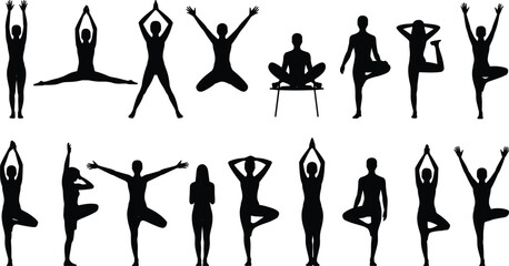 Silhouettes of diverse yoga poses for wellness, meditation, flexibility, balance, and strength, including chair yoga, ideal for fitness and instructional design