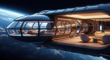 Futuristic Space Station Exterior in Orbit with Illuminated Interior Lounge