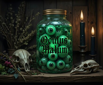 Spooky Halloween Oculus Malum Eye Jar with Skull and Candles for Gothic and Fantasy Art