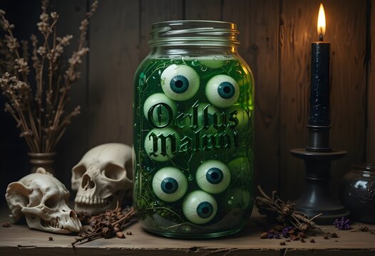 Spooky Halloween Oculus Malum Eye Jar with Skull and Candles for Gothic and Fantasy Art