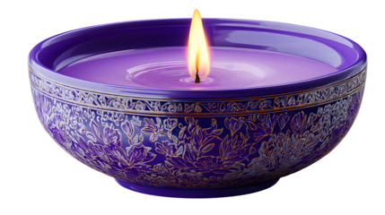 Decorative purple candle in ornate bowl, isolated on transparent background