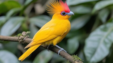 A striking yellow bird with a bright red crest sits on a branch surrounded by greenery