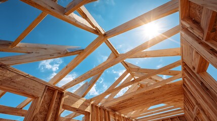 Framing a New House Construction with Wooden Beams and Bright Sky