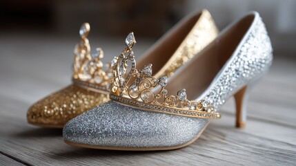 Unique glittery high heels with crowns designed for special occasions and events featuring gold and silver colors