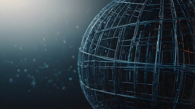 Futuristic Metallic Globe Sphere with Grid Structure in Dark Background