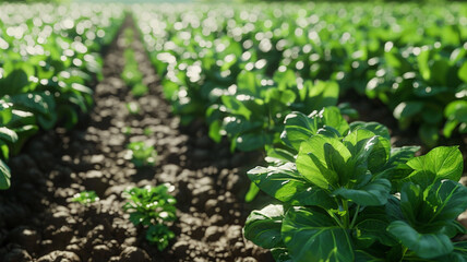 Lush rural farmland with vibrant spinach rows and sunlit cherry tomato plants, fresh healthy crops, natural daylight