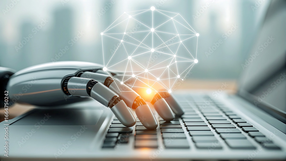 Aufkleber robotic arm typing on laptop keyboard with abstract network connection representing artificial intel