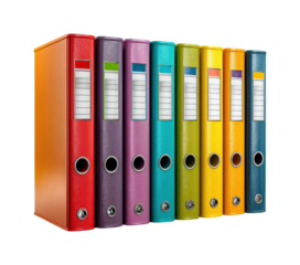 Organized document binders office space stationery supplies isolated on transparent background, png