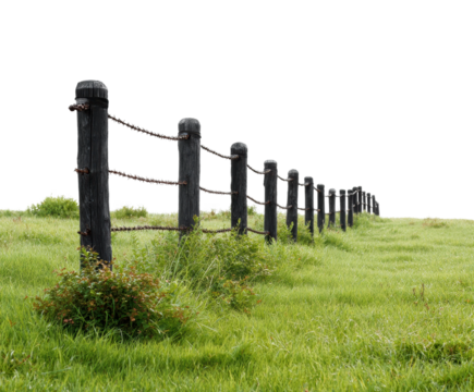Scenic barbed wire fence open field rural landscape perspective isolated on transparent background, png