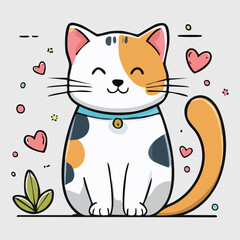 A cartoon cat with white fur decorated with orange and black spots. Pink hearts, stars and dots fly around the cat, and a green leaf grows near its paws