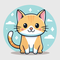 An orange cartoon cat with a white spot on its chest, sitting and smiling. Clouds, sparkles and a blue background are depicted around the cat, creating a fairy-tale mood.