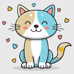 A cartoon cat with blue and beige colors, sitting and smiling. Small hearts of different colors (red, blue, yellow) are flying around the cat