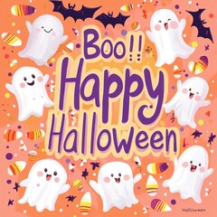 Fototapeta premium Halloween Poster with Spooky Ghosts and Text ”Boo Happy Halloween” Postcard. Cute Ghost Halloween Greeting Card with Copy, Text. Halloween Party Invitation Card with Copy, Text.