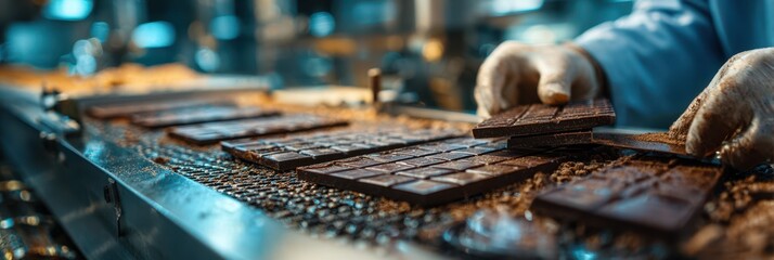 Chocolate production process in a factory with workers preparing chocolate bars in bright industrial setting