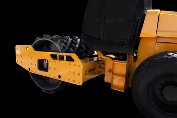 Soil skating rink isolated on black background. Road roller isolated. Heavy industrial machine for construction. Dirt skating rink machine.