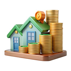 Two houses with stacks of gold coins and dollar sign