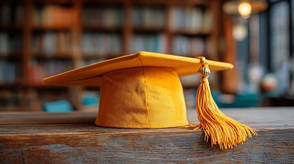 Graduation Cap Still Life Yellow on Wooden Table with Bookshelf