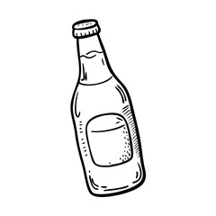 Outline of glass beer bottle with label. Vector hand-drawn doodle illustration