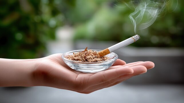 Hand holding small glass bowl with cigarette butts and ash