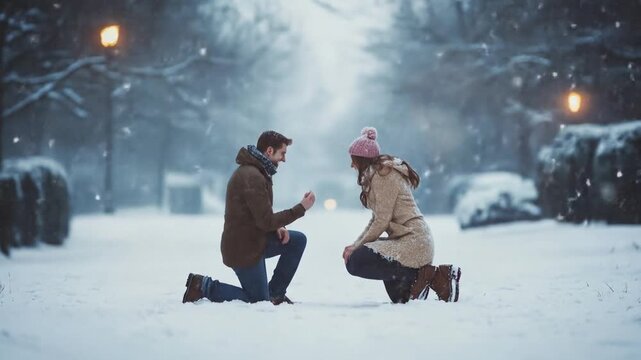 Romantic proposal in snowy landscape, man on one knee offering ring to woman, slow-motion snowfall adds to intimate atmosphere, symbolizing love, commitment, and winter romance