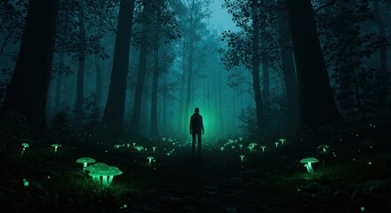 Fototapeta premium Mysterious Person Standing in Glowing Forest at Night with Bioluminescent Mushrooms
