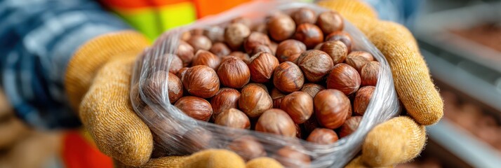 Worker holds a bag of freshly harvested hazelnuts in a processing facility during autumn