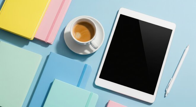 Workspace arrangement of coffee and tablets: an orderly workspace with a digital tablet next to notebooks and a cup of coffee, embodying a creative professional atmosphere.
