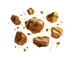 Golden nuggets falling nature scene dynamic concept isolated on transparent background, png