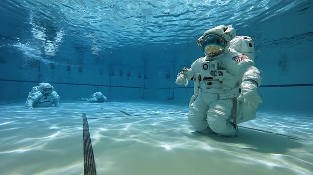 Astronauts practice maneuvers underwater in a swimming pool simulating the weightlessness of space for training purposes