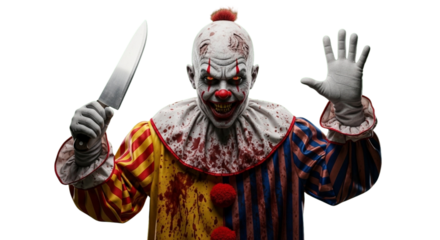 An unsettling portrayal of a creepy clown brandishing a knife, its expression radiating an aura of malice and foreboding. The clown's appearance is menacing.. Halloween theme