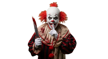 A creepy clown holding a bloody knife, gesturing for silence, with a sinister look. It has a red wig and a painted face. Halloween theme