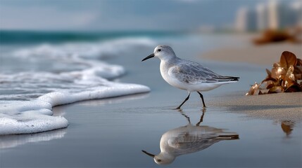 Obraz premium Shorebird on beach, calm waves