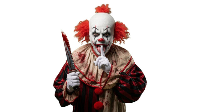 A creepy clown holding a bloody knife, gesturing for silence, with a sinister look. It has a red wig and a painted face. Halloween theme