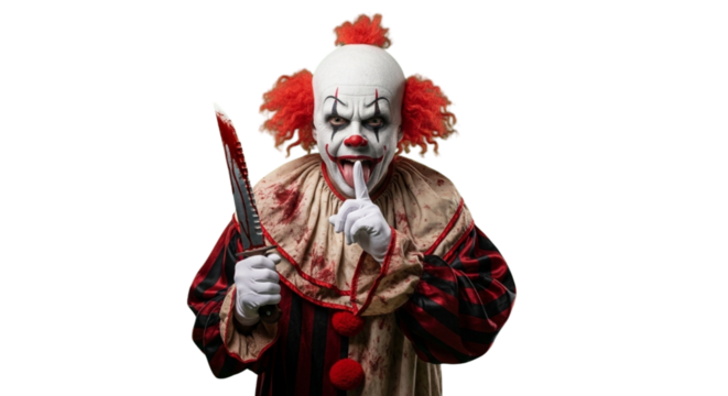 A creepy clown holding a bloody knife, gesturing for silence, with a sinister look. It has a red wig and a painted face. Halloween theme
