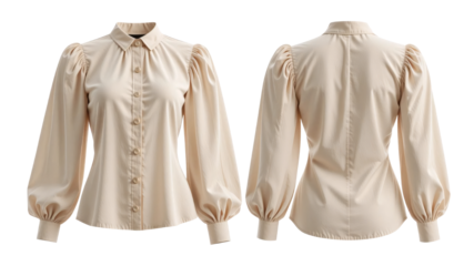 Elegant beige blouse with puffed sleeves,  front and back set isolated on a white background. transparent background
