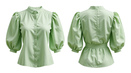 Elegant light green blouse with puffed sleeves,  front and back set isolated on a white background. transparent background