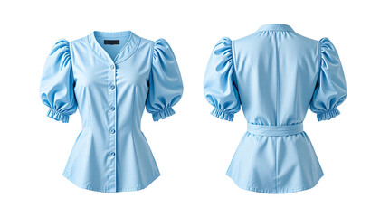 Elegant light blue blouse with puffed sleeves,  front and back set isolated on a white background. transparent background