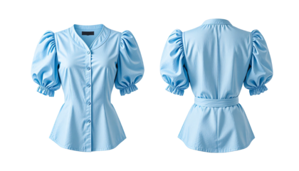 Elegant light blue blouse with puffed sleeves,  front and back set isolated on a white background. transparent background